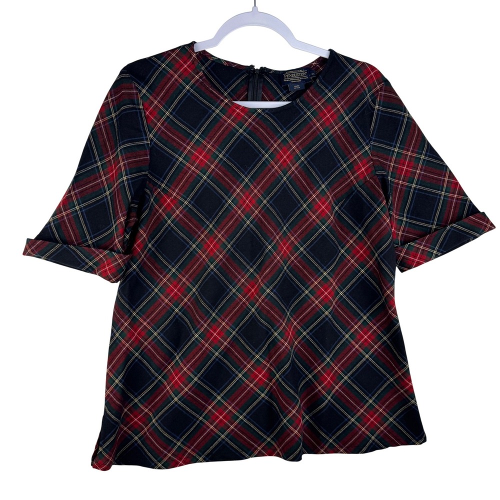 Pendleton Wool Plaid‎ Tartan Blouse Red Green Short Sleeve Tie Belt USA XL